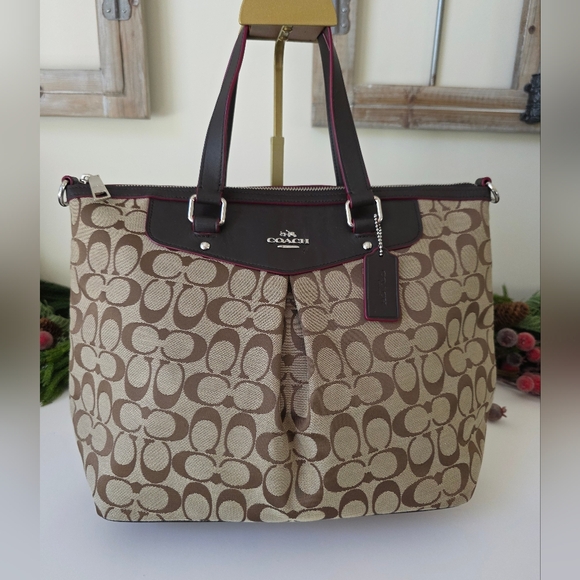 Coach Signature Pleat Tote - Khaki/Tan Canvas With Brown Leather & Pink Accents - Picture 1 of 16